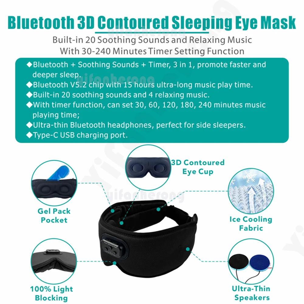 3D Bluetooth-compatible 5.2 Timed Sleep Eye Mask Earphones Built-in white Noise Music With Mic Shading Sleep Headphones Type C - LunaRest.co.uk